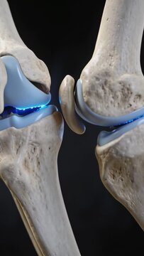 Vertical video: Camera receding knee joints flexing, blue coating showing medical implant motion