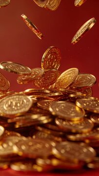 Vertical video: Dropping gold coins forming pile on red felt, showing embossed numbers and rims