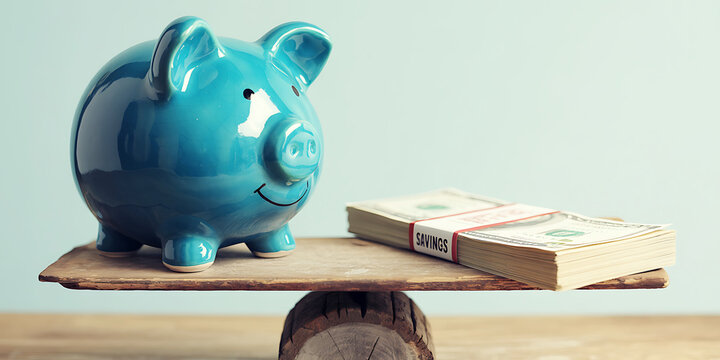 Blue piggy bank on wooden board with stack of savings money