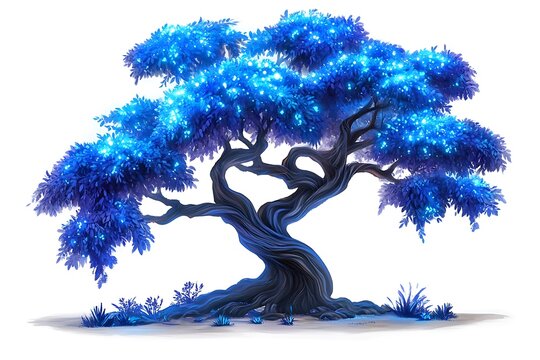 Fantasy cartoon tree with blue glowing leaves and knotty trunk 
