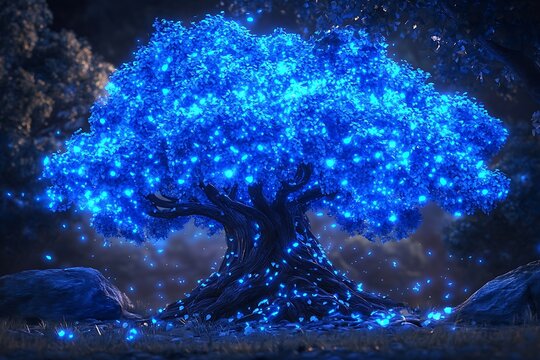 Fantasy cartoon tree with blue glowing leaves and knotty trunk 