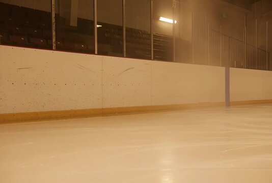 Empty ice hockey rink with white dasher boards, protective glass, and spectator stands in modern indoor arena.