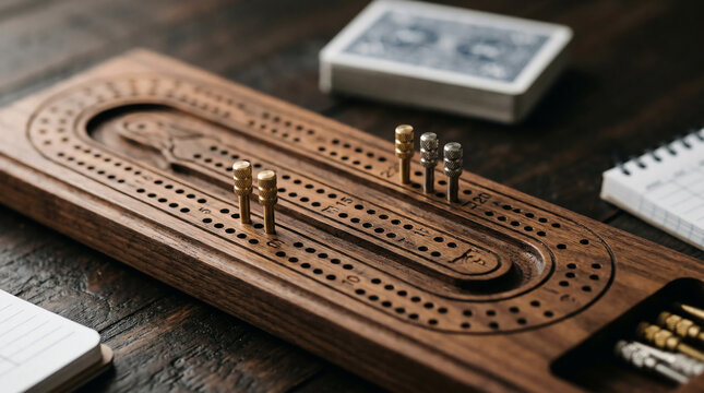 Carved wooden cribbage board with brass and silver pegs in tracks