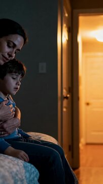 Holding mother comforting son wearing blue shirt after boy seeming sad on patterned bed, copy space