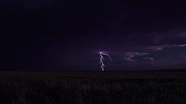 Dramatic nighttime lightning storm striking open prairie with multiple forked bolts over tall grassland, cinematic widescreen footage for weather broadcasts, documentary backgrounds, emergency storm w