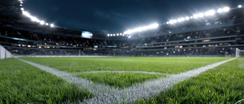 Low-angle view of a grassy soccer field with white corner lines, inside a large illuminated stadium with bright floodlights and blurred crowd seating