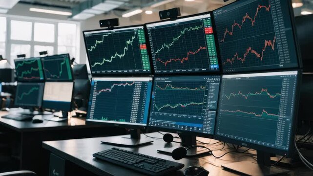 Daytime medium shot capturing a multimonitor trading desk focusing on a comprehensive set of stock charts watchlists and trade order windows with the workspace edges softly out of