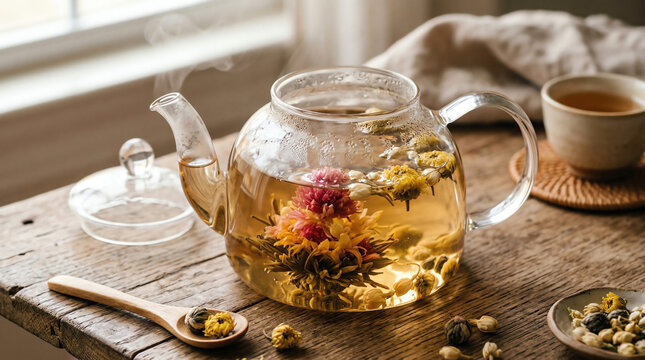 Blooming flower tea balls and dried chrysanthemum with jasmine pearls
