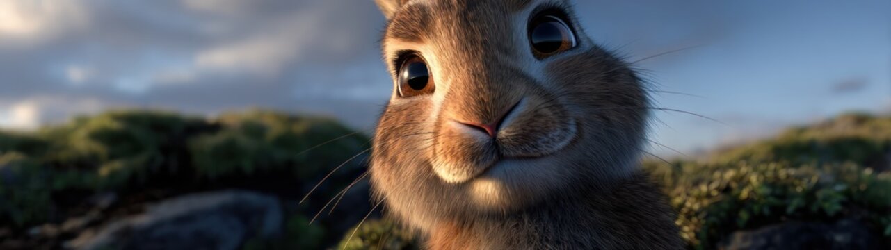 Close up of a bunny with big eyes outdoor nature background and soft lighting