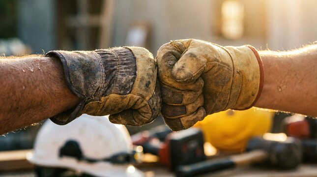 Close-up of construction workers in dirty leather gloves giving a fist bump, Industrial teamwork concept, Teamwork and success, Hard work and collaboration