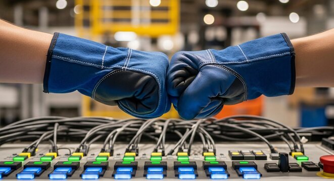 Teamwork in manufacturing, Factory teamwork concept, Gloved hands fist bumping above an industrial control desk