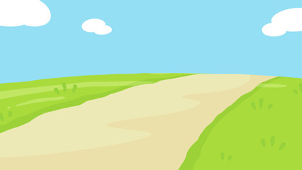 ゆるい雰囲気の草原と道の背景イラスト_16:9 © ふわぷか
