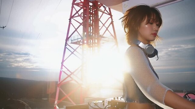 ヘッドホンをつけた女性DJのパフォーマンス
ダンスミュージックをプレイする女性DJ