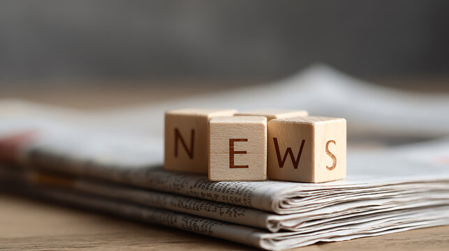 Wooden alphabet blocks spell 'NEWS' on a stack of newspapers, symbolizing broadcast communication, media updates, and current affairs information