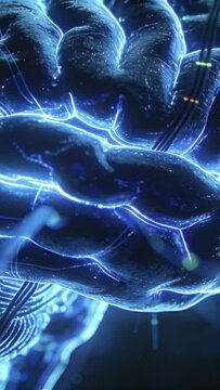 Vertical video: Pulsing brain mass sending blue filaments on connector power in lab, signaling data