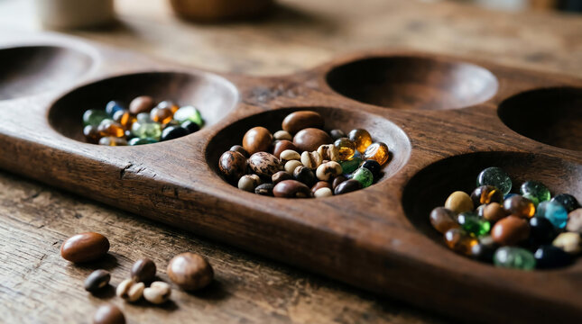 Polished seeds and glass beads in carved wooden mancala board pits
