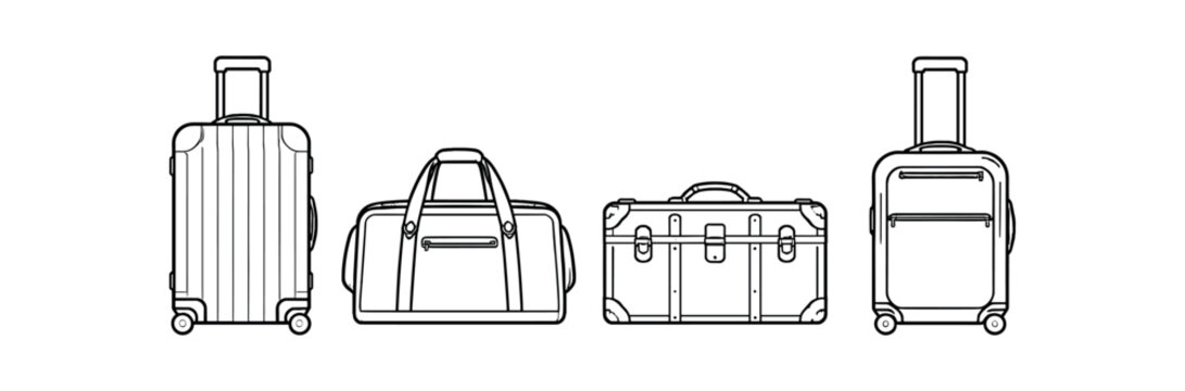 Four detailed outline luggage items including trolley suitcases and duffel bag