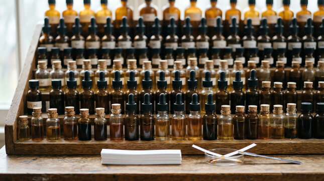 Perfumer organ shelf with fragrance oil bottles in tiered rows