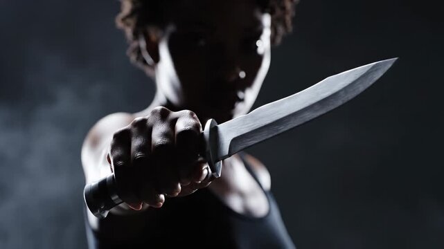This captures a tense moment of a man holding a knife in a dark setting, evoking feelings of fear and unease. The dramatic lighting and moody atmosphere add to the sense of foreboding and danger.