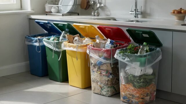 Medium shot of labeled recycling bins with clear plastic bags in a busy kitchen corner highlighting organized waste separation and hygiene.