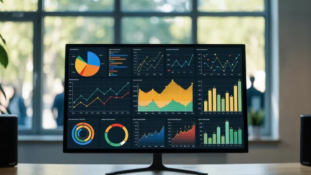 Focused medium shot of an SME credit risk dashboard featuring algorithmic risk assessments and trend charts on a large screen emphasizing sharp graphical details and outoffocus
