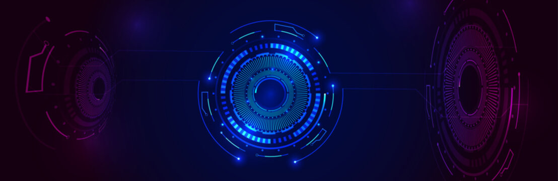 A futuristic digital interface with circular holographic elements on a dark blue background. High tech, data analysis, and cybernetics. Vector HUD illustration.