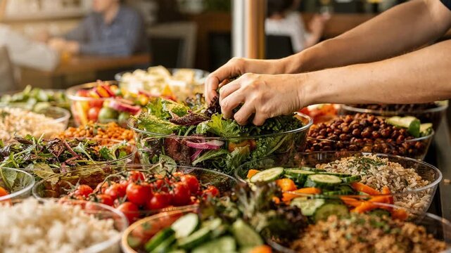 Hands adding crisp greens and toppings to bowls at a vibrant salad bar with fresh produce colors in sharp focus and blurred background diners.