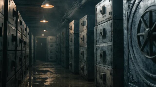 Dimly lit legacy vault corridor with rows of aged metal safe deposit boxes fading out of focus emphasizing the textured steel door in sharp detail.