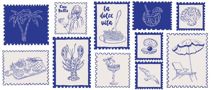 Hand drawn summer Mediterranean postage stamps. Dolce vita Italian style vacation. Sticker with pasta, cocktails, lobster. Amalfi Sicily beach holidays elements for poster, placard, postcard prints