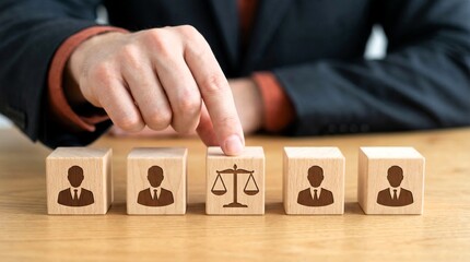 Professional's hand selecting a wooden block depicting scales of justice, symbolizing critical legal choices or ethical considerations.