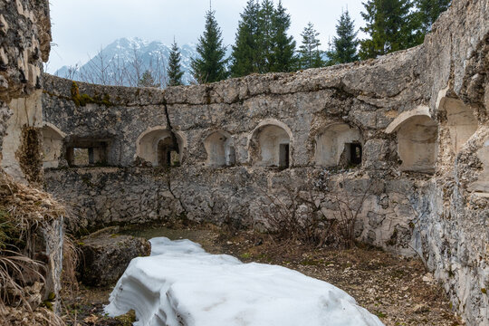 Ruins of Fort Predel in alpine mountain landscape on historic border in Slovenia