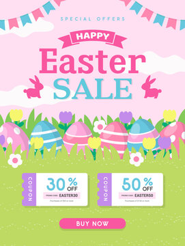 Happy Easter Sale coupon discount template vector illustration.  Easter eggs in a field of flowers