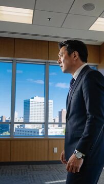 Vertical video: Reacting to cue, Asian man in suit pacing by office windows deciding, copy space