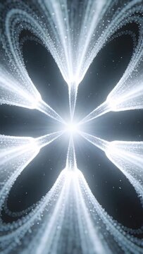 Vertical video: Flaring core sending sixfold looping streams in void, forming petals with specks