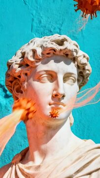 Vertical video: Big spiky orb entering left sweeping marble bust with toga at studio leaving trails