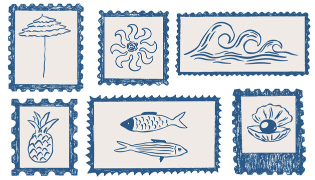 Hand drawn Italian summer postage stamps. Vintage sicilia amalfi sticker. Vector retro frame border, mediterranean coastal vacation doodles for holiday emblem, placard or poster.