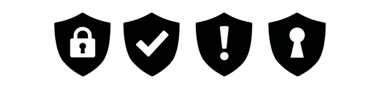 Row of four solid black shield icons with lock, check mark, exclamation, and keyhole symbols