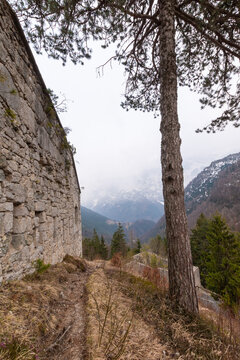 Ruins of Fort Predel in alpine mountain landscape on historic border in Slovenia