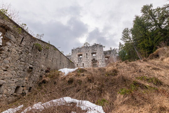 Ruins of Fort Predel in alpine mountain landscape on historic border in Slovenia