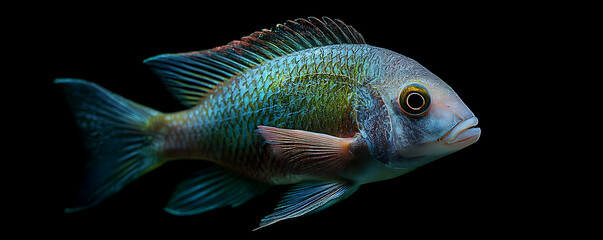 Fototapeta premium Graceful Aquatic Life Captivating Cichlid Fish Exhibiting Striking Iridescent Blue and Green Scales