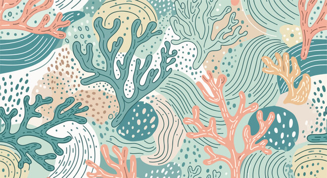 Vibrant coral reef pattern with seaweed and abstract shapes