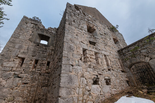 Ruins of Fort Predel in alpine mountain landscape on historic border in Slovenia