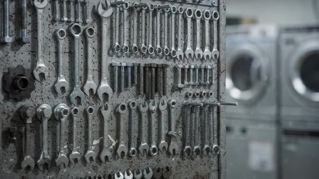 Medium shot centered on a repair tools wall in a gear room with screws and wrenches sharply defined and laundry machines blurred behind