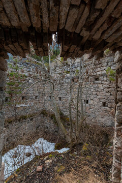 Ruins of Fort Predel in alpine mountain landscape on historic border in Slovenia