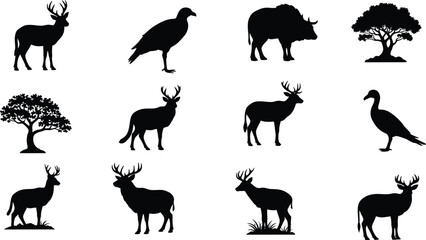 Silhouette of various animals and trees isolated on transparent background © mdkamran