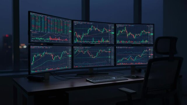 Evening medium shot of a trading workstation emphasizing multiple screens with live market data watchlists and order entries brightly displayed while the surrounding environment