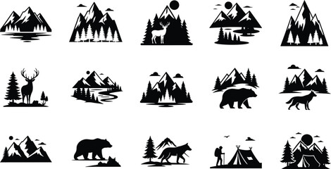 Collection of silhouette mountain and wildlife scenes isolated on transparent background © mdkamran