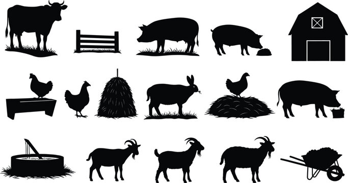 Farm animal silhouettes isolated on transparent background