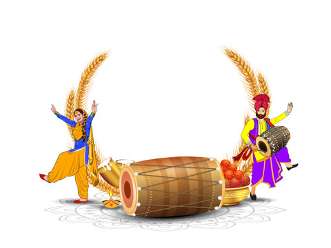 Vector background for Baisakhi festival. Wheat decor and Punjabi Sikh family dancing and celebrating party.