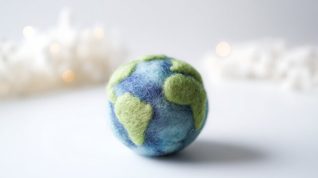 Needle Felted Earth Globe Against a Soft White Background with Blurry Lights and Fluffy Clouds Representing Global Connection and Care